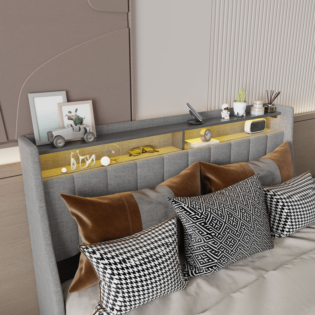 Queen linen upholstered bed frame with winged headboard in a stylish, modern design by Anthony & Home.
