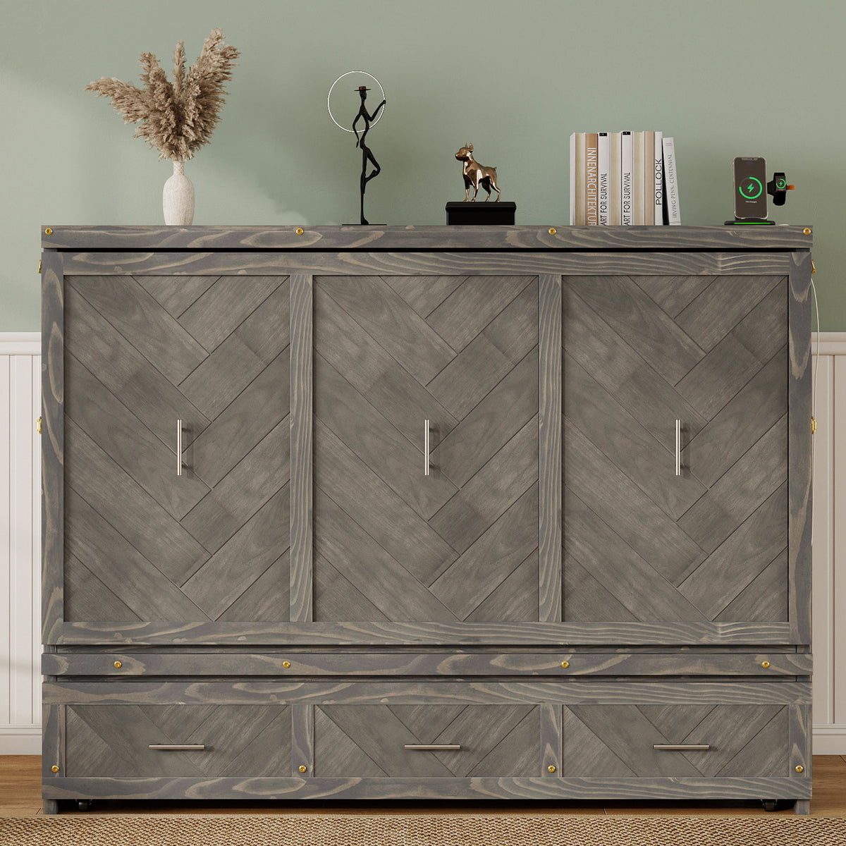 Queen Murphy bed in grey pine cabinet with geometric panel and USB charging, part of Anthony & Home Studio Collection.