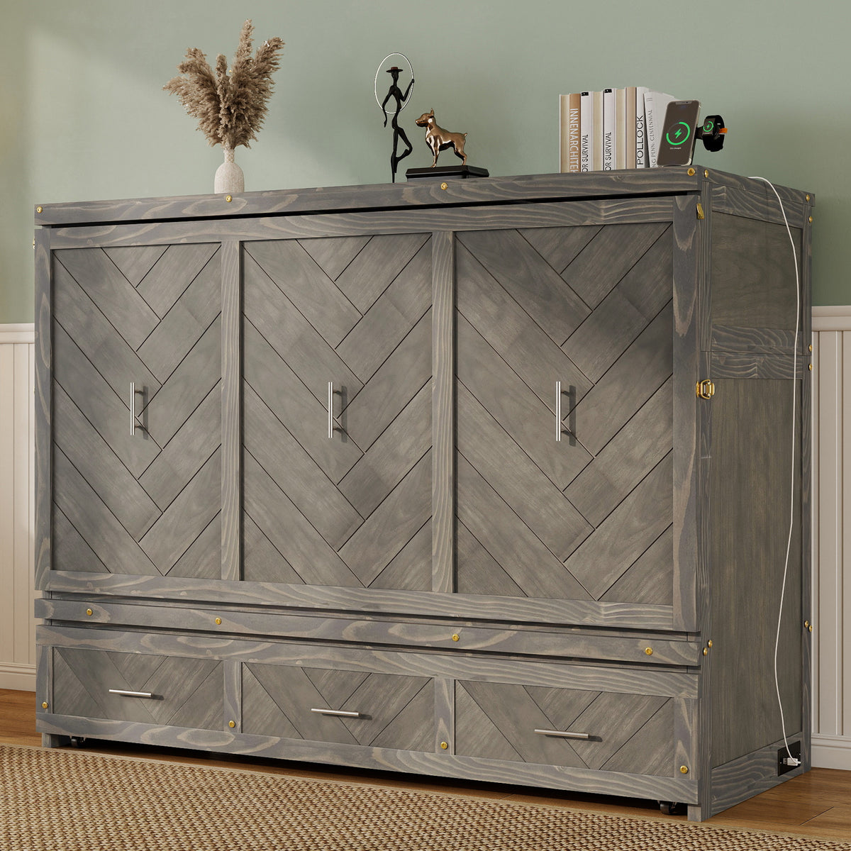 Queen Murphy bed in pine cabinet with grey finish, USB charging, and geometric panel design by Anthony & Home Studio Collection.