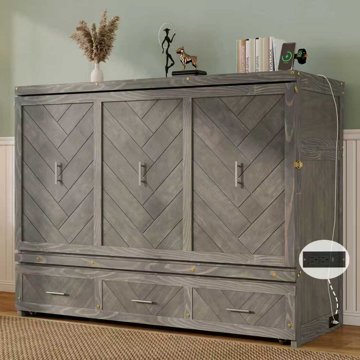 Queen Murphy bed in grey pine cabinet with geometrical panel and USB charging, from Anthony & Home Studio Collection.