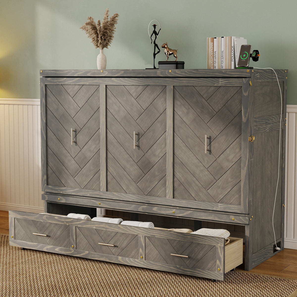 Queen Murphy bed in pine cabinet with grey finish, USB charging, geometrical panel design, from Anthony & Home Studio Collection.