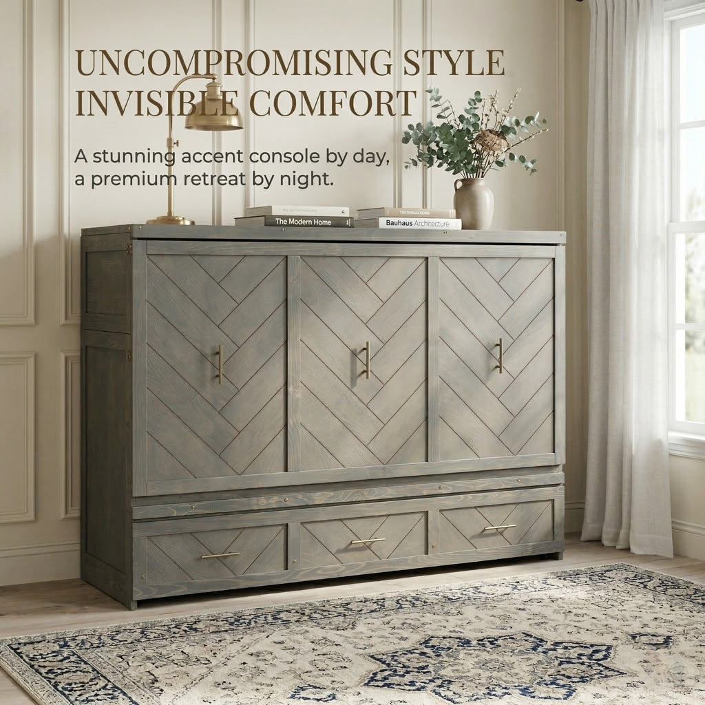 Queen Murphy bed in grey pine cabinet with geometrical panel, USB charging, from Anthony & Home Studio Collection.