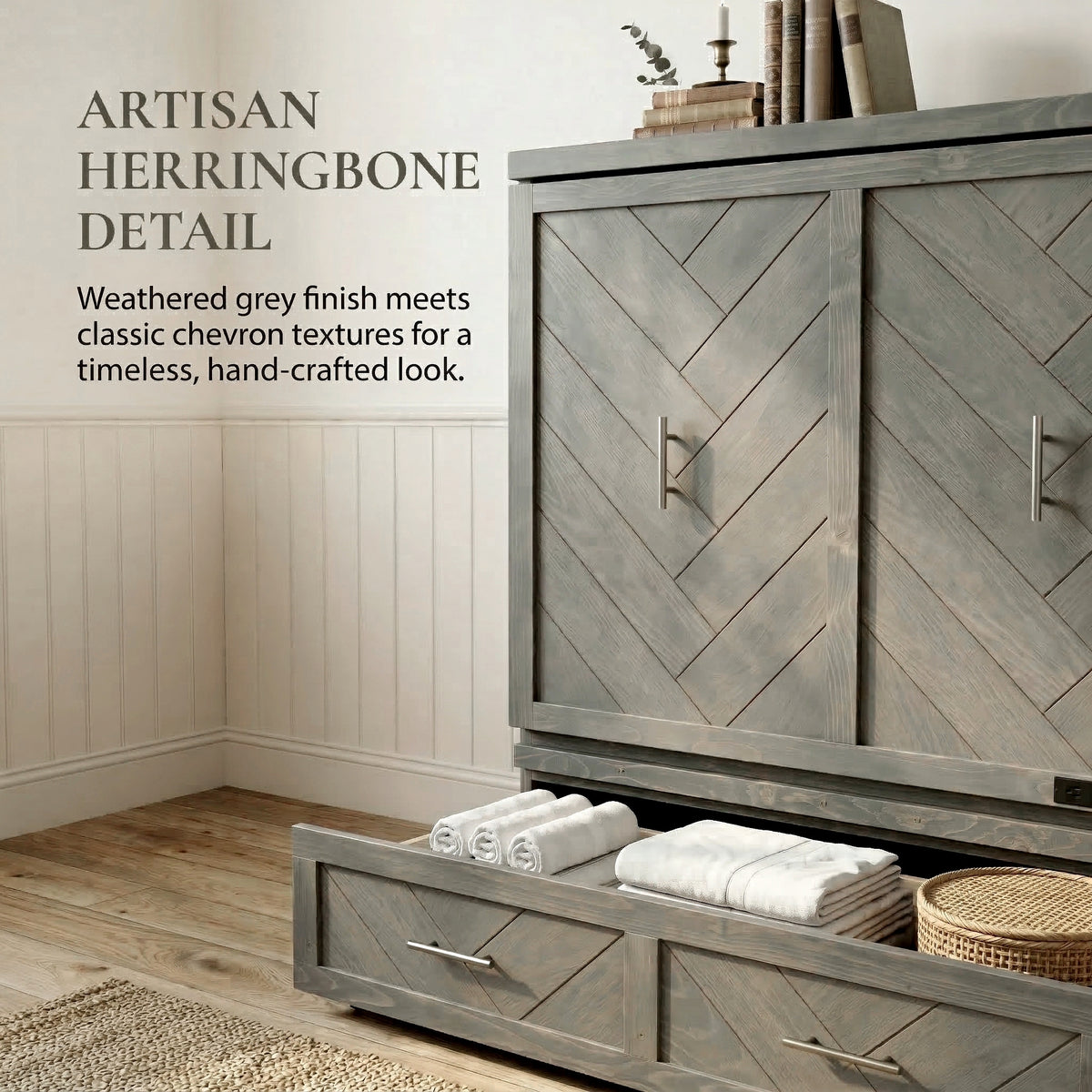 Queen Murphy bed in pine cabinet with grey finish, USB charging, and geometrical panel design from Anthony & Home Studio Collection.