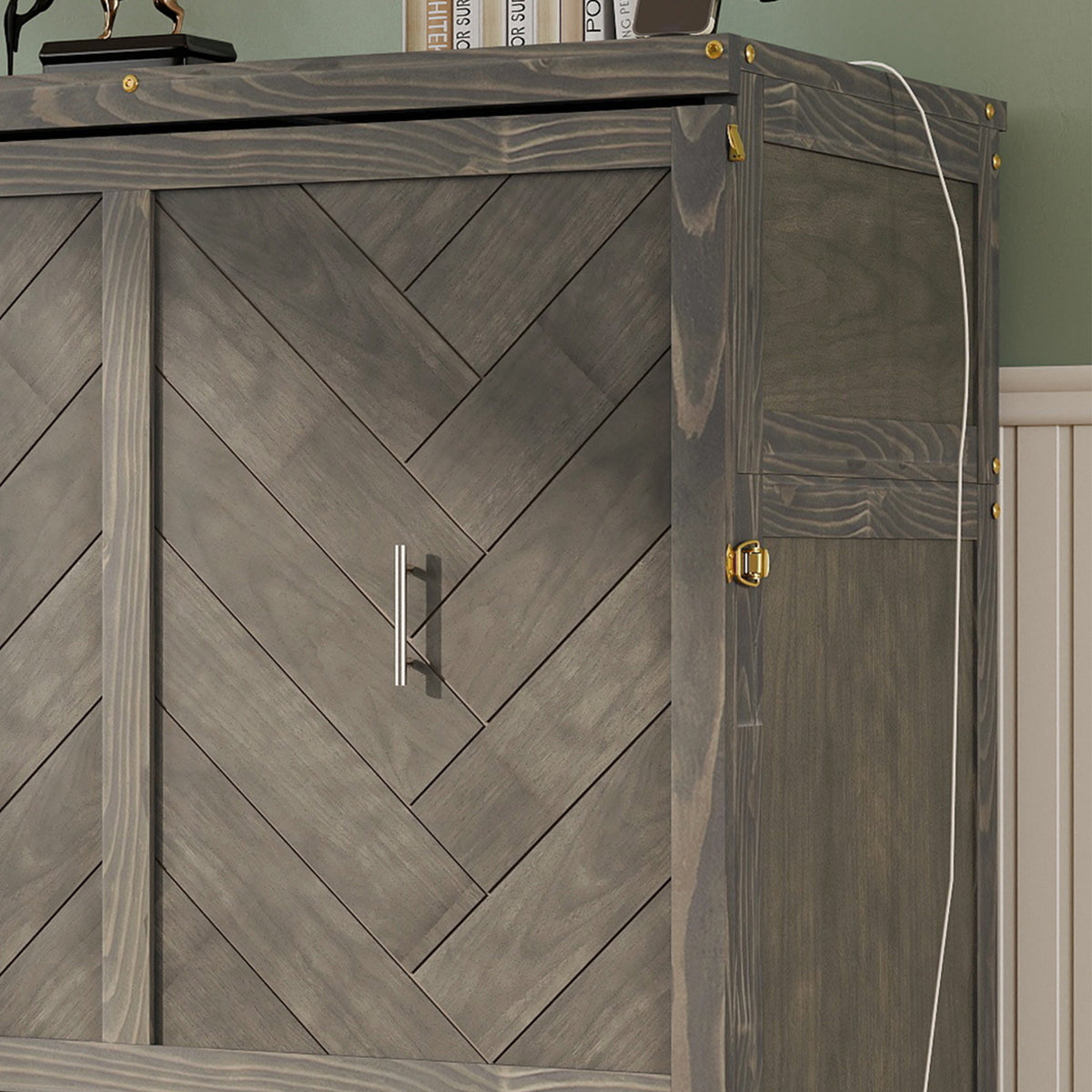 Queen Murphy bed in grey pine cabinet with geometrical panel, USB charging, from Anthony & Home Studio Collection.