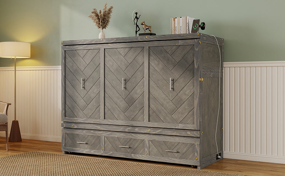 Queen Murphy bed in grey pine cabinet with geometrical panel and USB charging ports from Anthony & Home Studio Collection.