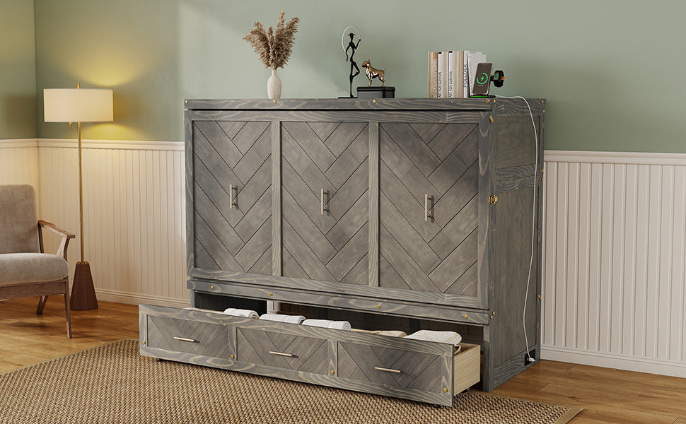 Queen Murphy bed in grey pine cabinet with geometrical panel, USB charging, from Anthony & Home Studio Collection