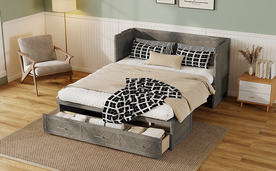 Queen Murphy bed in grey pine cabinet with USB charging and geometric panel design from Anthony & Home Studio Collection.