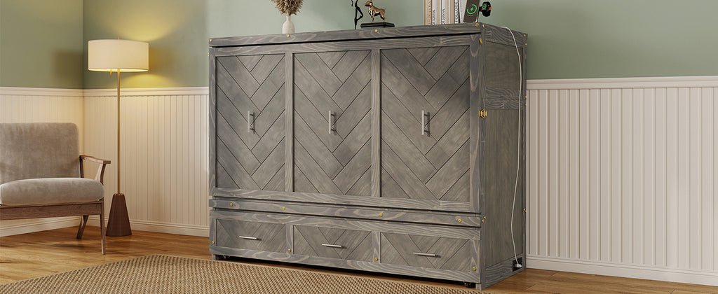 Queen Murphy bed in pine cabinet with grey finish, geometric panel design, USB charging, from Anthony & Home Studio Collection.