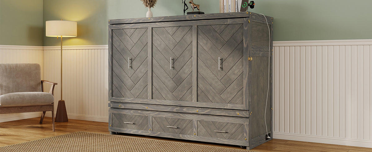 Queen Murphy bed in pine cabinet with grey finish, geometric panel design, USB charging, from Anthony & Home Studio Collection.