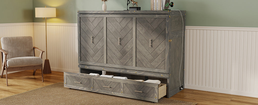 Queen Murphy bed in grey pine cabinet with geometric panel, USB charging, from Anthony & Home Studio Collection.