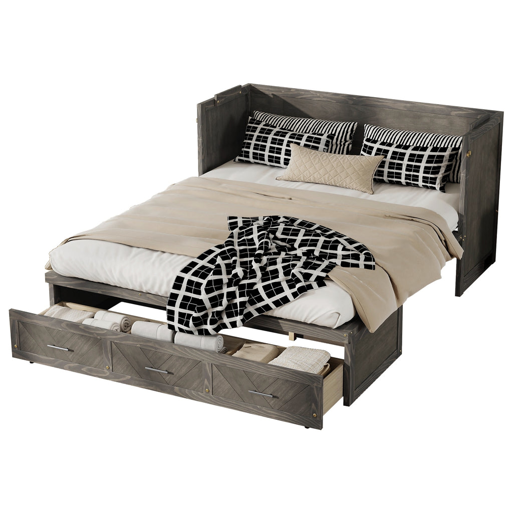 Queen Murphy bed in pine cabinet with grey finish, USB charging, geometrical panel, from Anthony & Home Studio Collection.