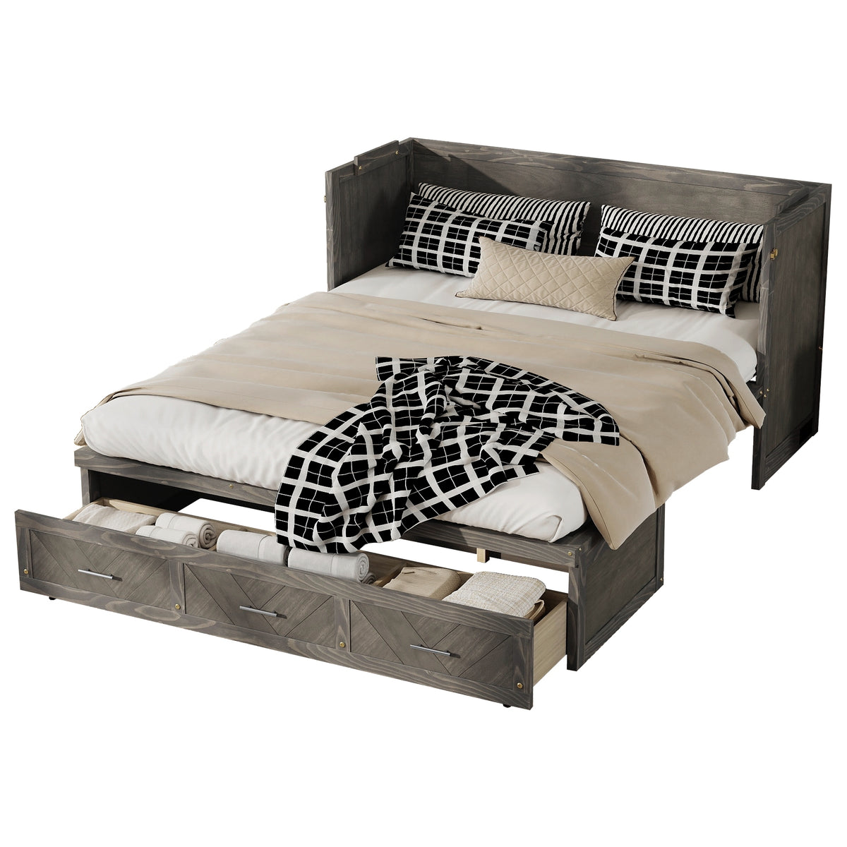 Queen Murphy bed in pine cabinet with grey finish, USB charging, geometrical panel, from Anthony & Home Studio Collection.