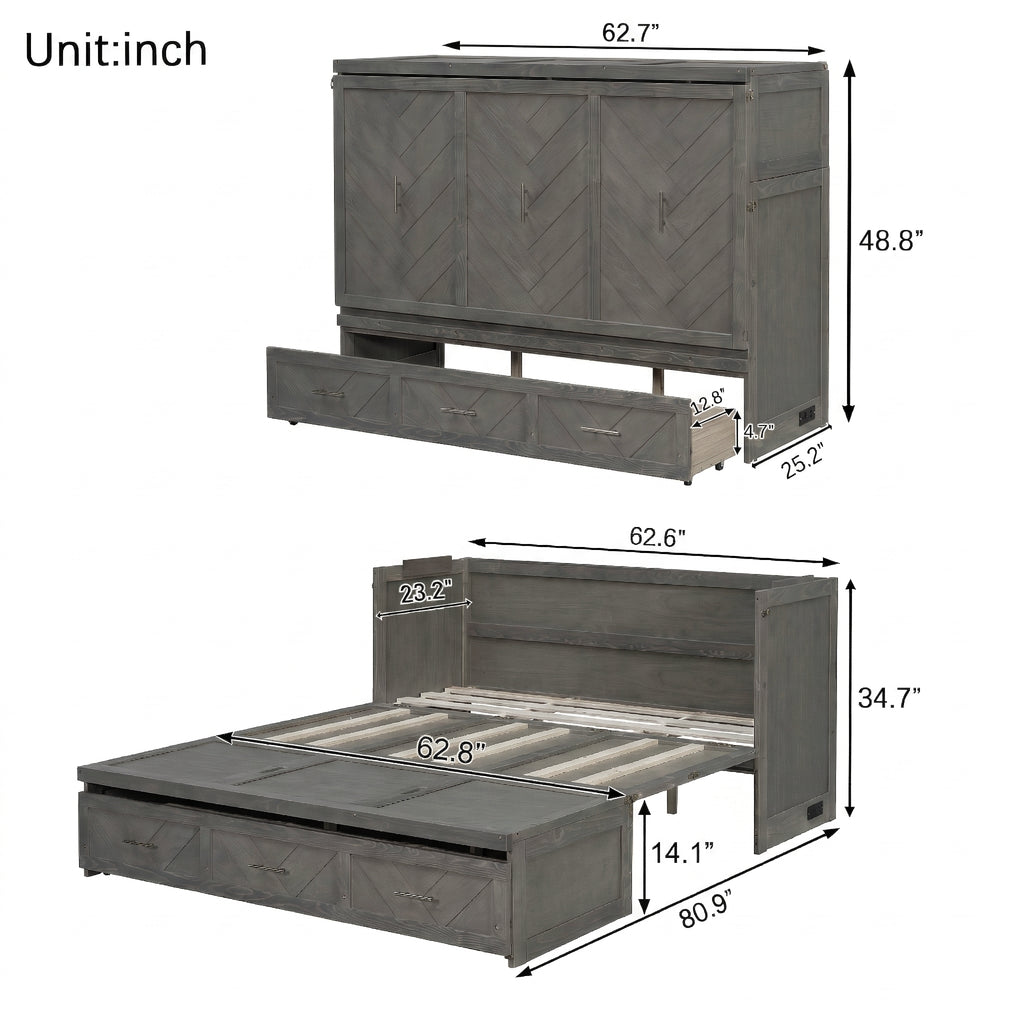 Queen Murphy bed in pine cabinet with grey finish, USB charging, and geometric panel design by Anthony & Home.