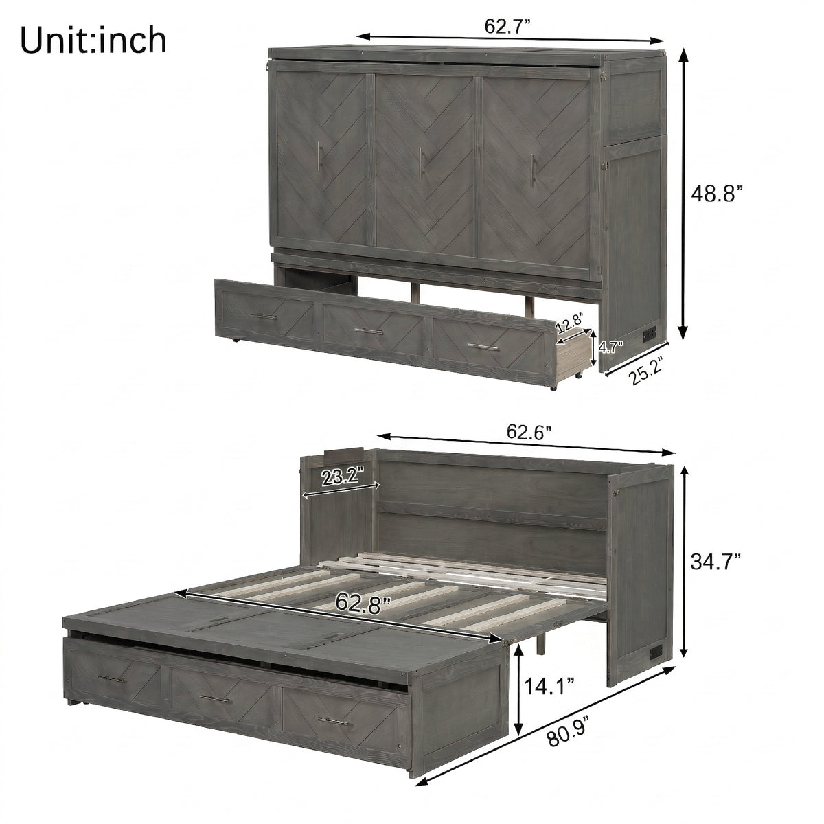 Queen Murphy bed in pine cabinet with grey finish, USB charging, and geometric panel design by Anthony & Home.