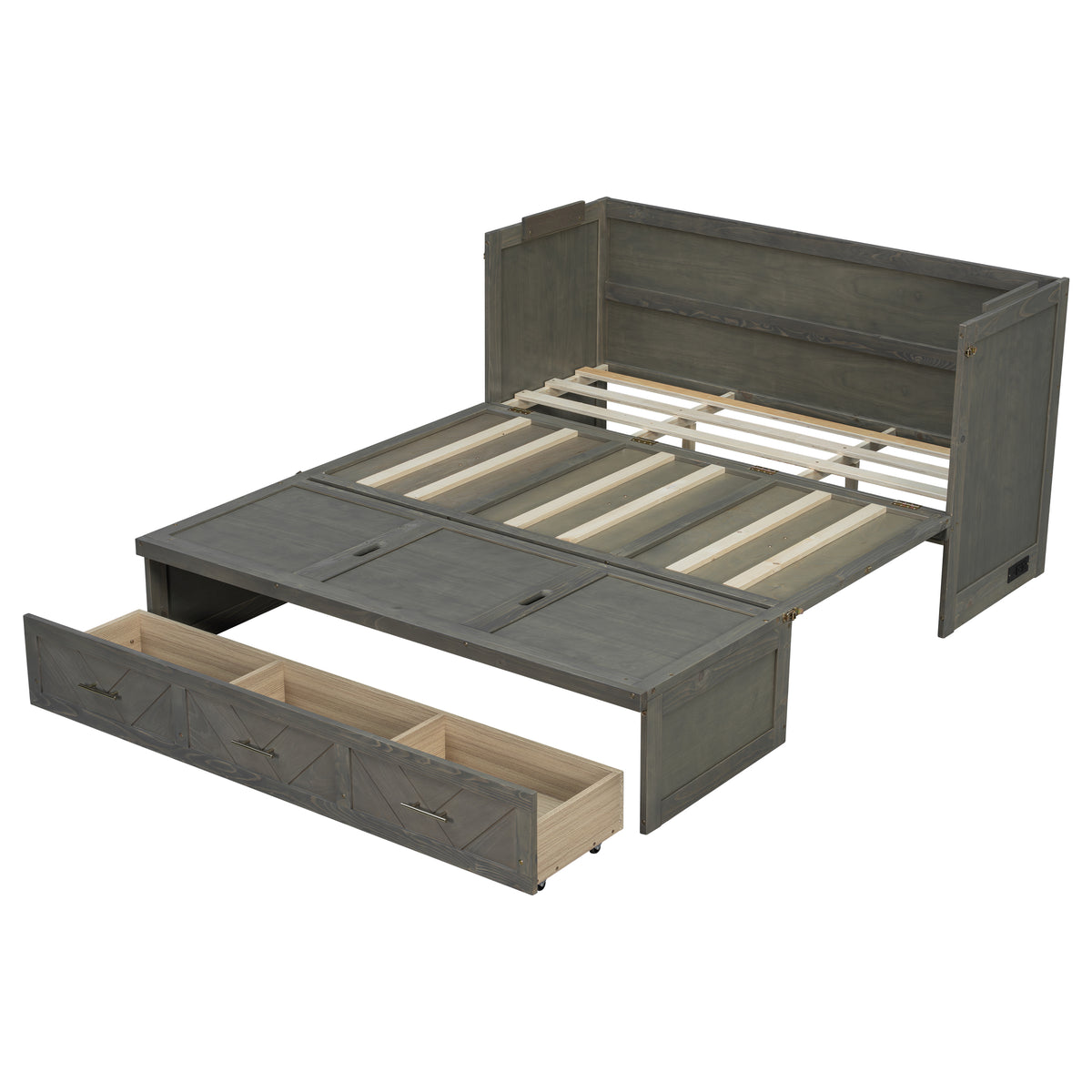 Queen Murphy bed in pine cabinet with grey finish, geometric panel design, USB charging, part of Anthony & Home Studio Collection.