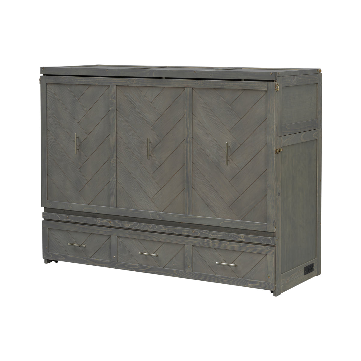 Queen Murphy bed in pine cabinet with grey finish, USB charging, and geometric panel design from Anthony & Home Studio Collection.