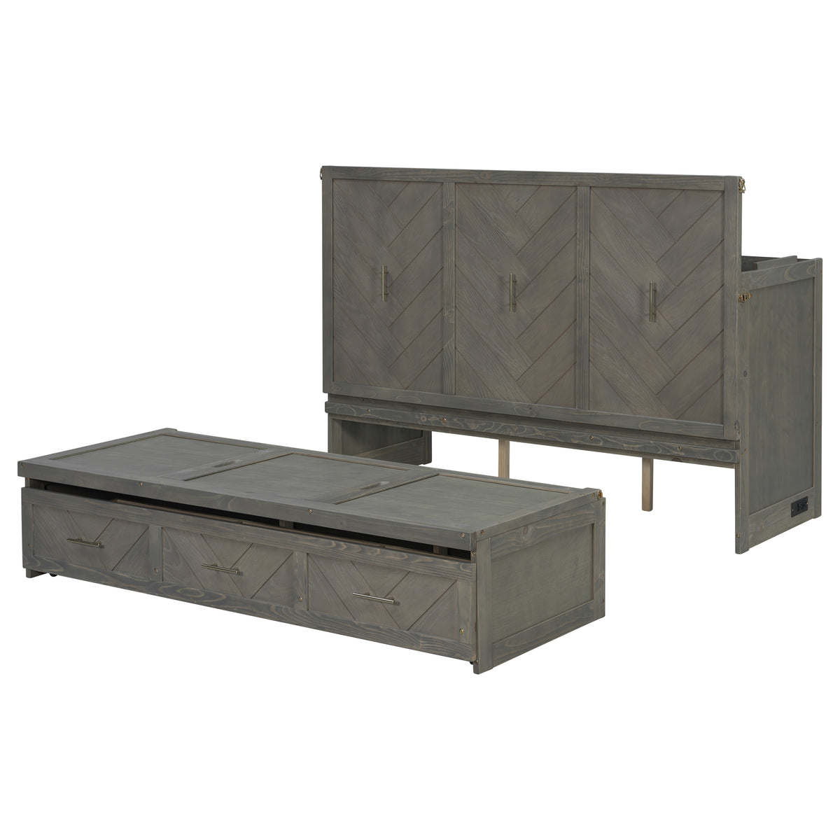 Queen Murphy bed in grey pine cabinet with USB charging and geometric panel design by Anthony & Home, part of the Studio Collection.