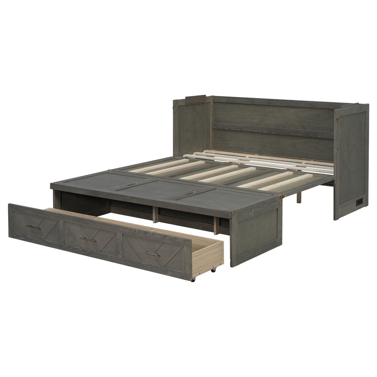Queen Murphy bed in grey pine cabinet with geometric panel, includes USB charging, part of Anthony & Home Studio Collection.