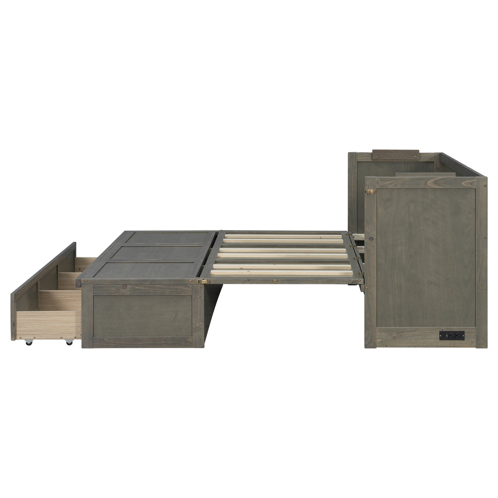 Queen Murphy bed in grey pine cabinet with geometric panel from Anthony & Home Studio Collection, featuring USB charging ports.