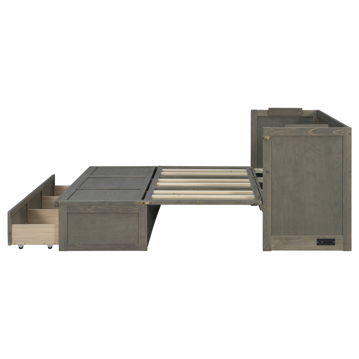 Queen Murphy bed in grey pine cabinet with geometric panel from Anthony & Home Studio Collection, featuring USB charging ports.