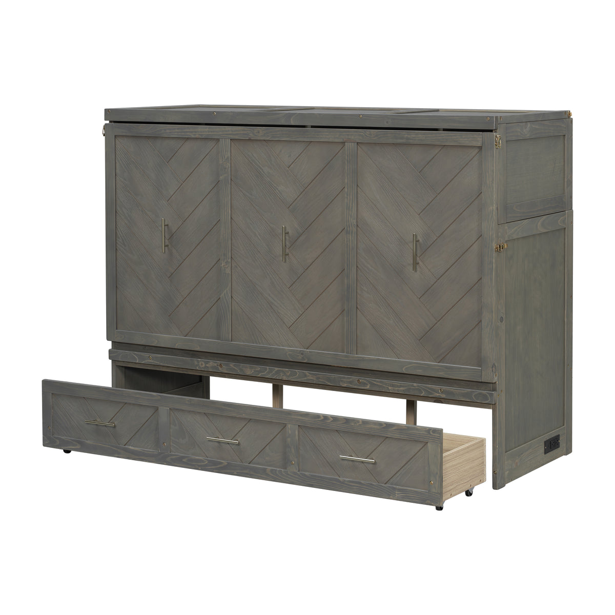 Queen Murphy Bed in grey pine cabinet with geometric panel and USB charging, from Anthony & Home Studio Collection.