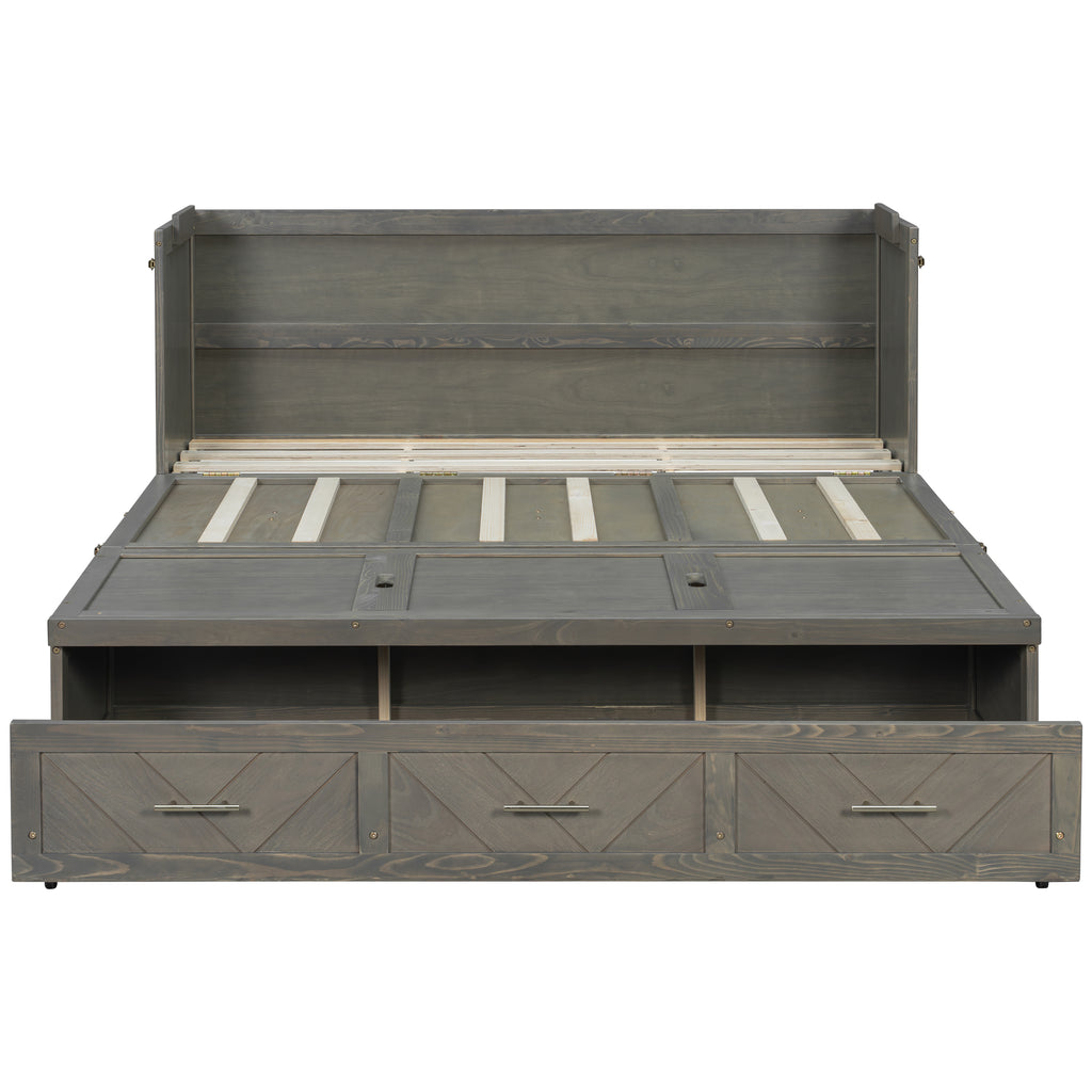 Queen Murphy bed in grey pine cabinet with USB charging and geometric panel design by Anthony & Home.