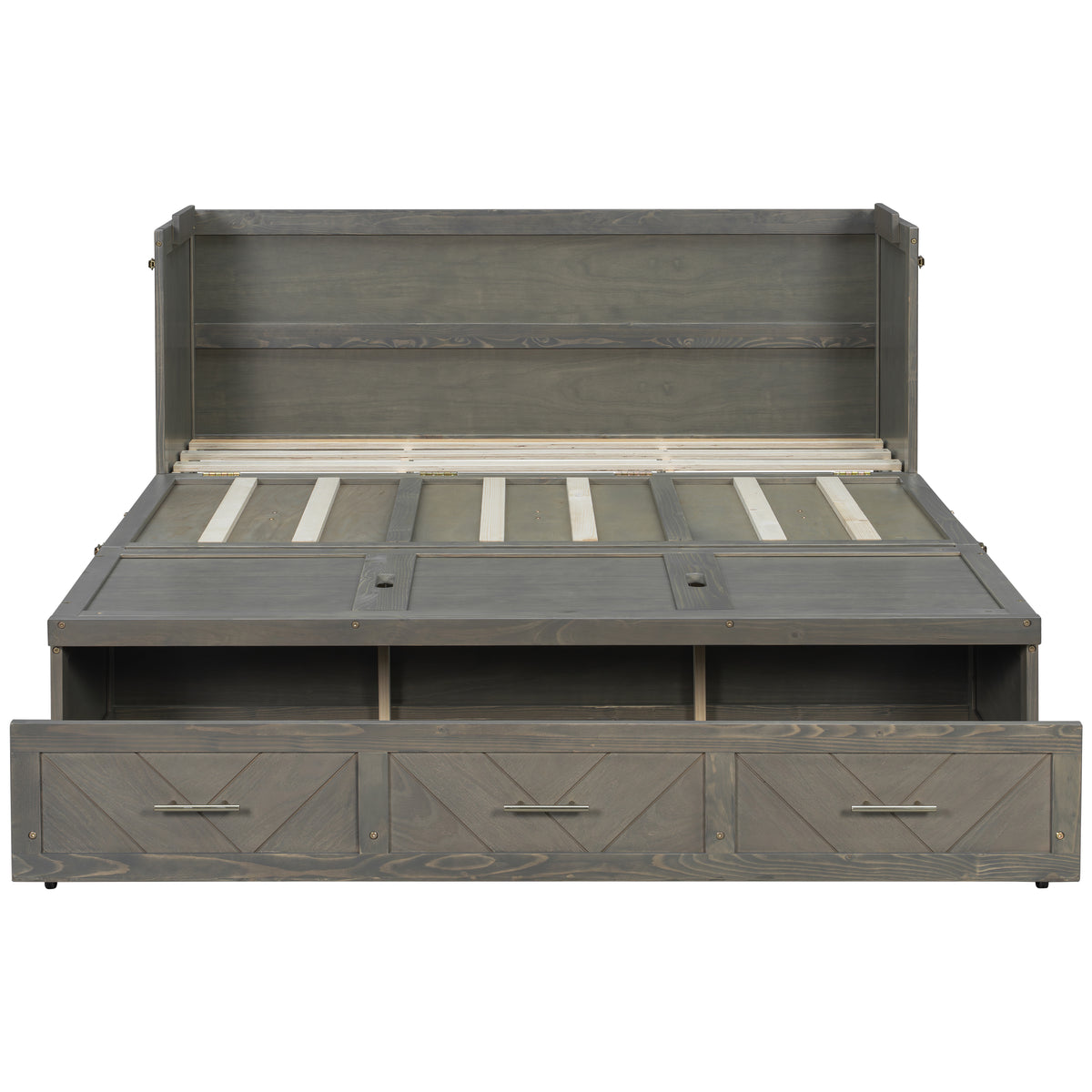 Queen Murphy bed in grey pine cabinet with USB charging and geometric panel design by Anthony & Home.