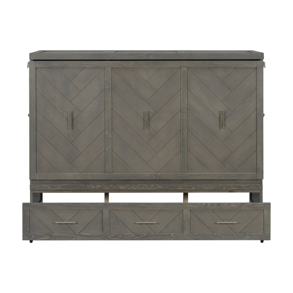 Queen Murphy bed in grey pine cabinet with geometric panel and USB charging, part of Anthony & Home Studio Collection.
