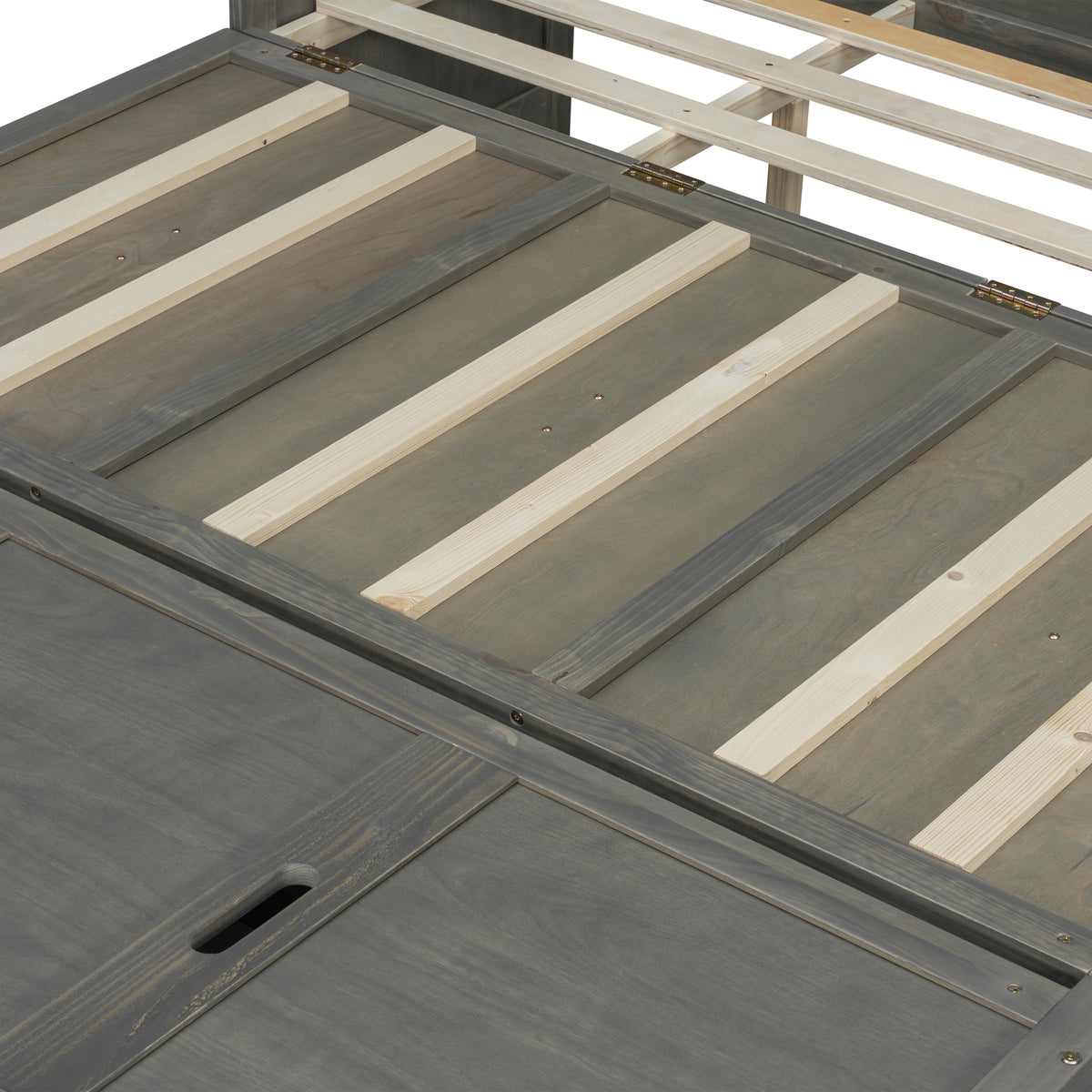 Queen Murphy bed in grey pine cabinet with geometrical panel and USB charging, part of Anthony & Home Studio Collection.
