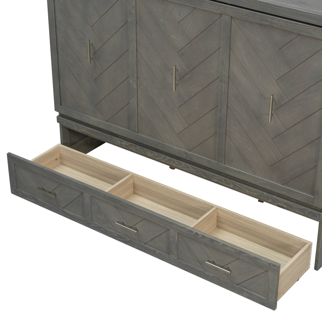 Queen Murphy bed in grey pine cabinet with USB charging and geometric panel, part of Anthony & Home Studio Collection.