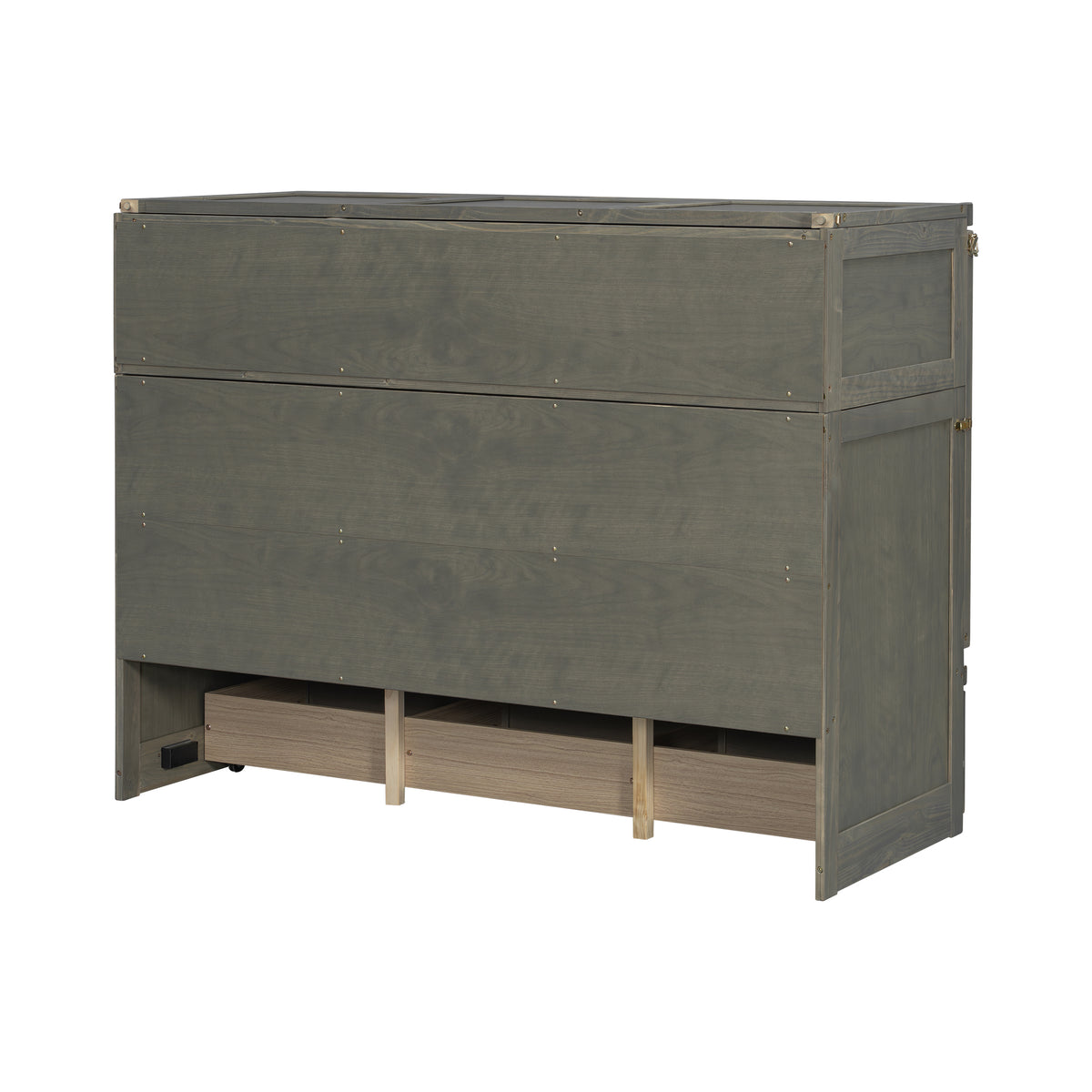 Queen Murphy bed in grey pine cabinet with geometric panel, USB charging, from Anthony & Home Studio Collection.