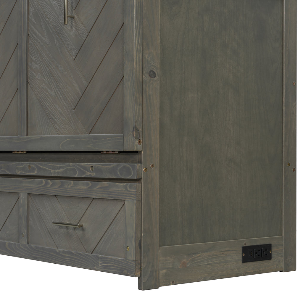 Queen Murphy bed in grey pine cabinet with geometrical panel and USB charging, part of Anthony & Home Studio Collection.