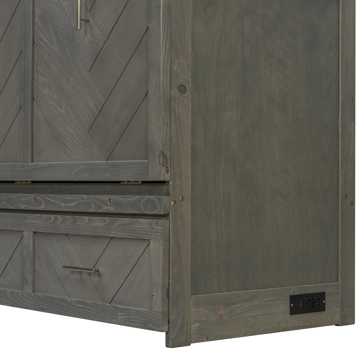 Queen Murphy bed in grey pine cabinet with geometrical panel and USB charging, part of Anthony & Home Studio Collection.