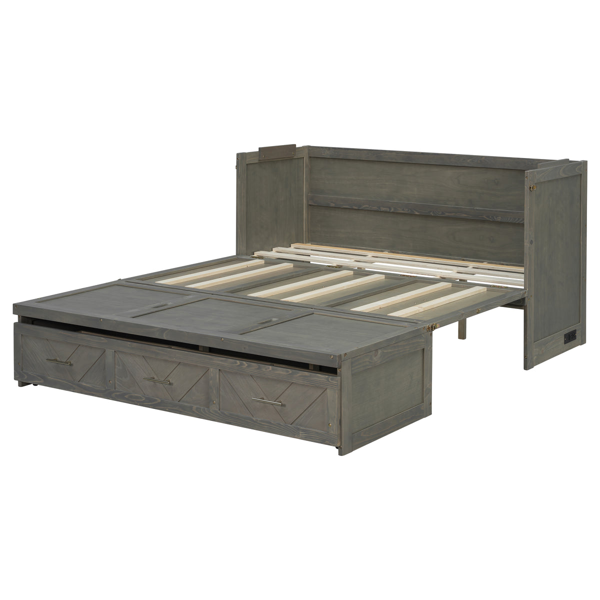 Queen Murphy bed in grey pine cabinet with USB charging and geometric panel, part of the Studio Collection by Anthony & Home.