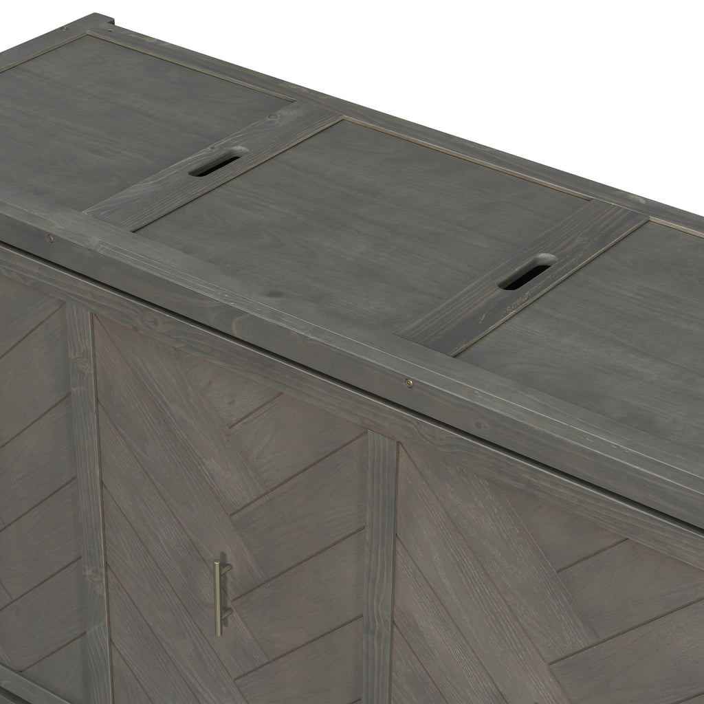 Queen Murphy bed in grey pine cabinet with geometrical panel, USB charging, part of Anthony & Home Studio Collection.