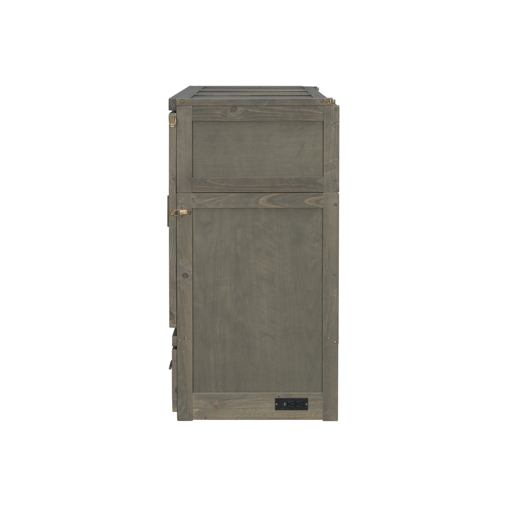 Queen Murphy bed in grey pine cabinet with geometric panel and USB charging, part of Anthony & Home Studio Collection.