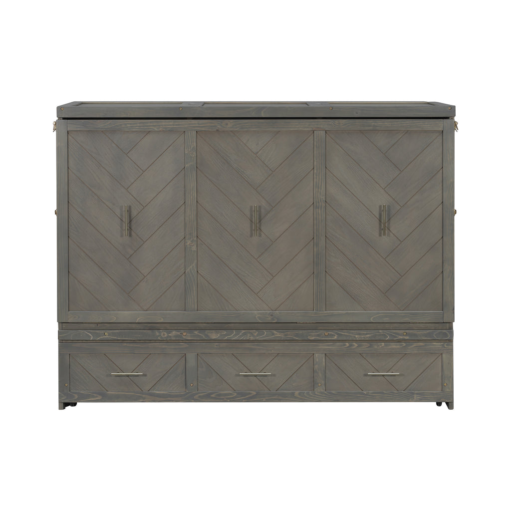 Queen Murphy bed in pine cabinet with grey finish, USB charging, and geometrical panel design by Anthony & Home studio collection.