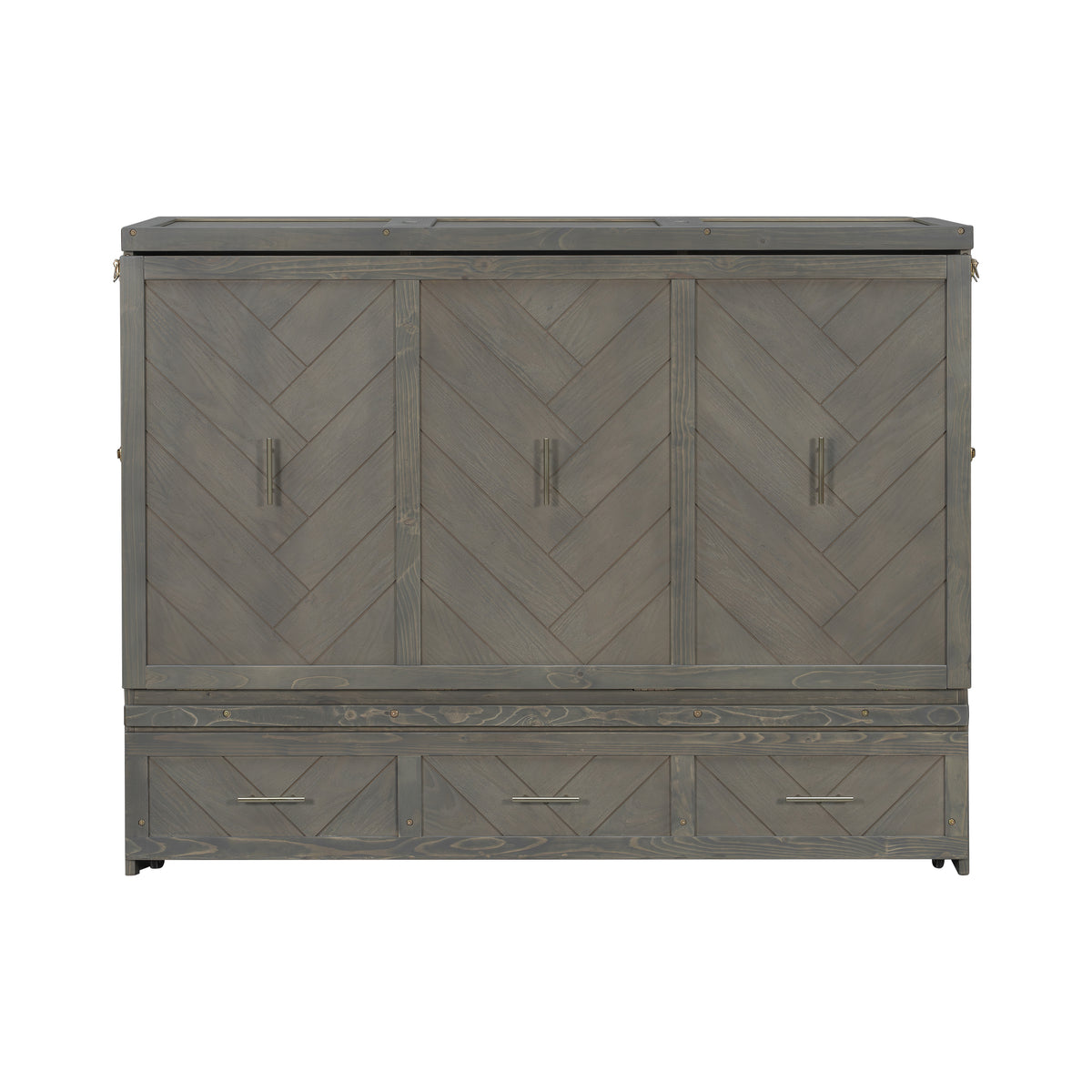 Queen Murphy bed in pine cabinet with grey finish, USB charging, and geometrical panel design by Anthony & Home studio collection.