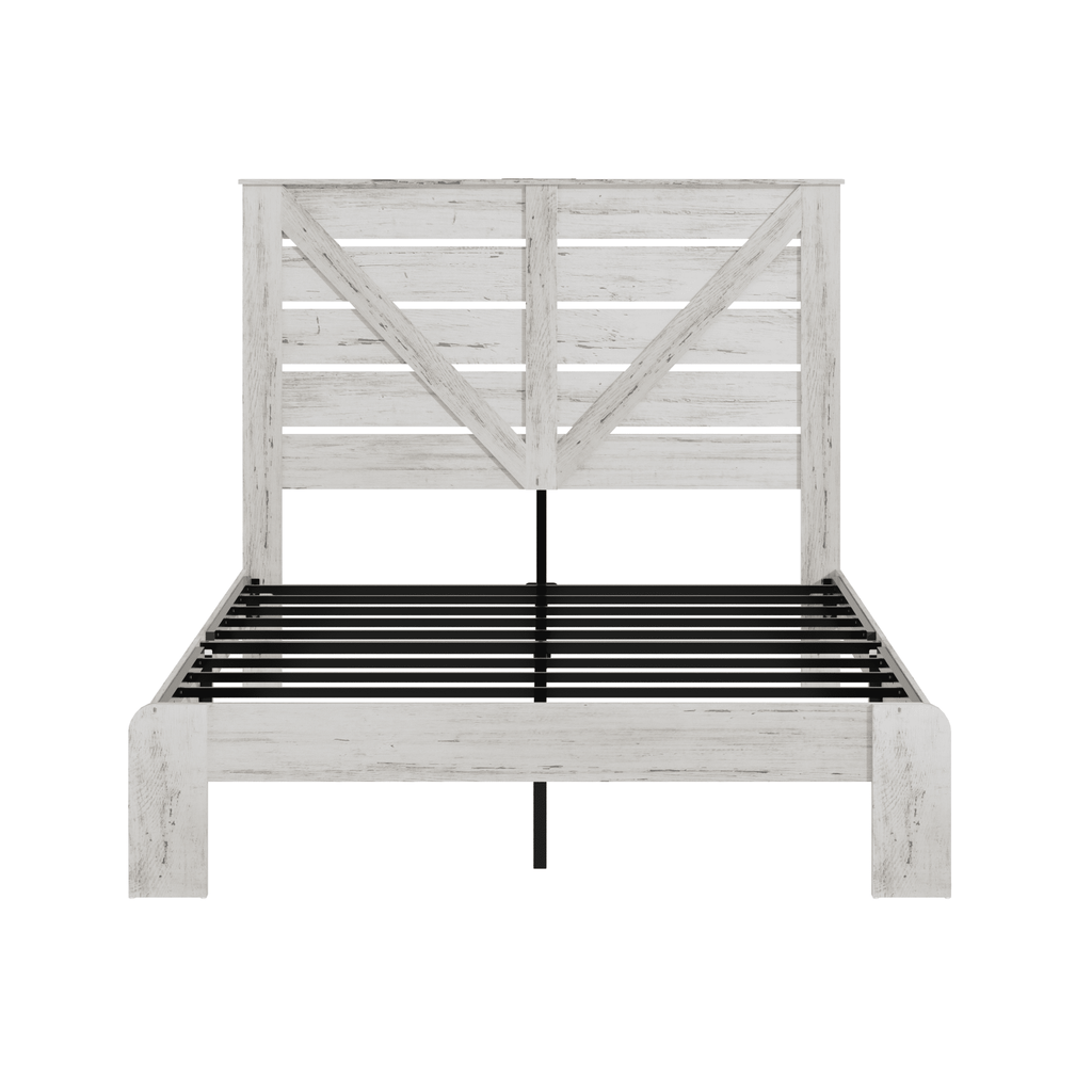 White steel Queen platform bed frame with wood accents, noise-free, no box spring, Atelier Edition by Anthony & Home