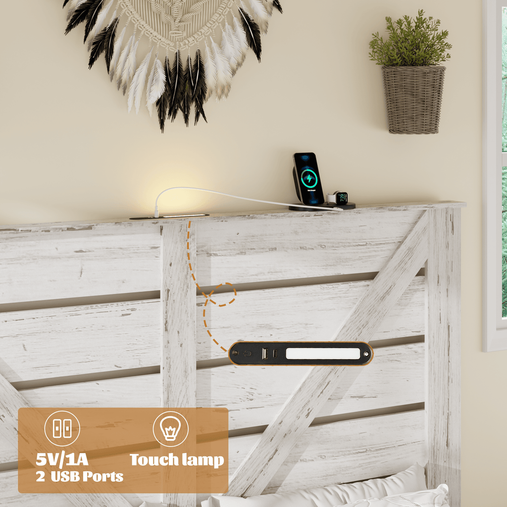 Anthony & Home Queen platform bed frame in steel with white wood accents, noise-free design, no box spring, Atelier Edition.