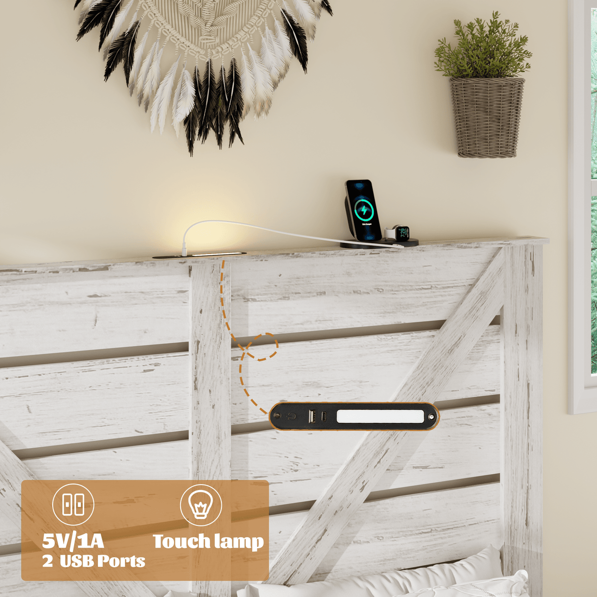 Anthony & Home Queen platform bed frame in steel with white wood accents, noise-free design, no box spring, Atelier Edition.