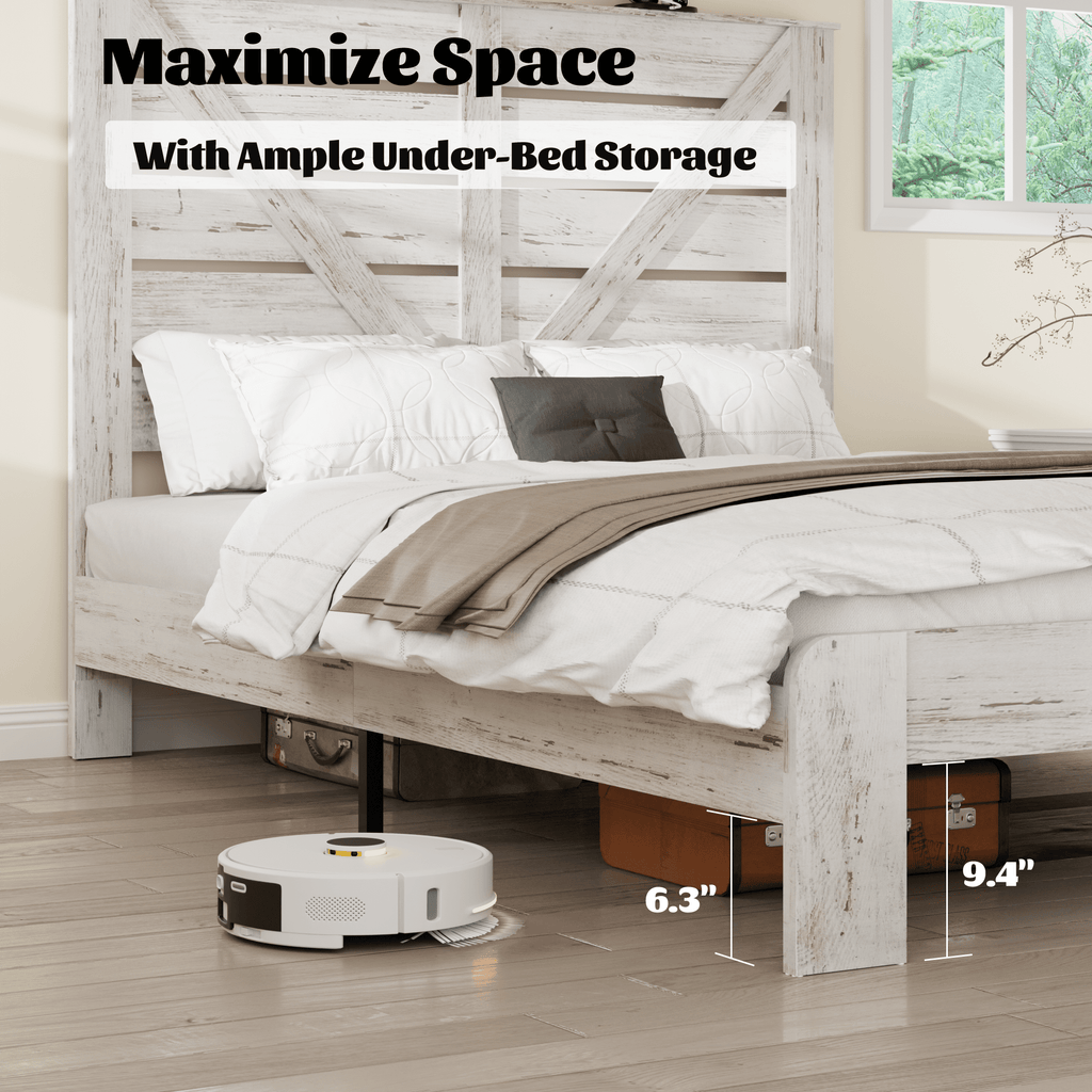 White steel Queen platform bed frame with wood accents, noise-free design, no box spring, from Anthony & Home's Atelier Edition.