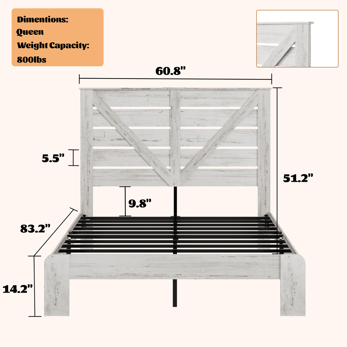 White steel Queen platform bed frame with wood accents, noise-free design, no box spring, Atelier Edition by Anthony & Home.