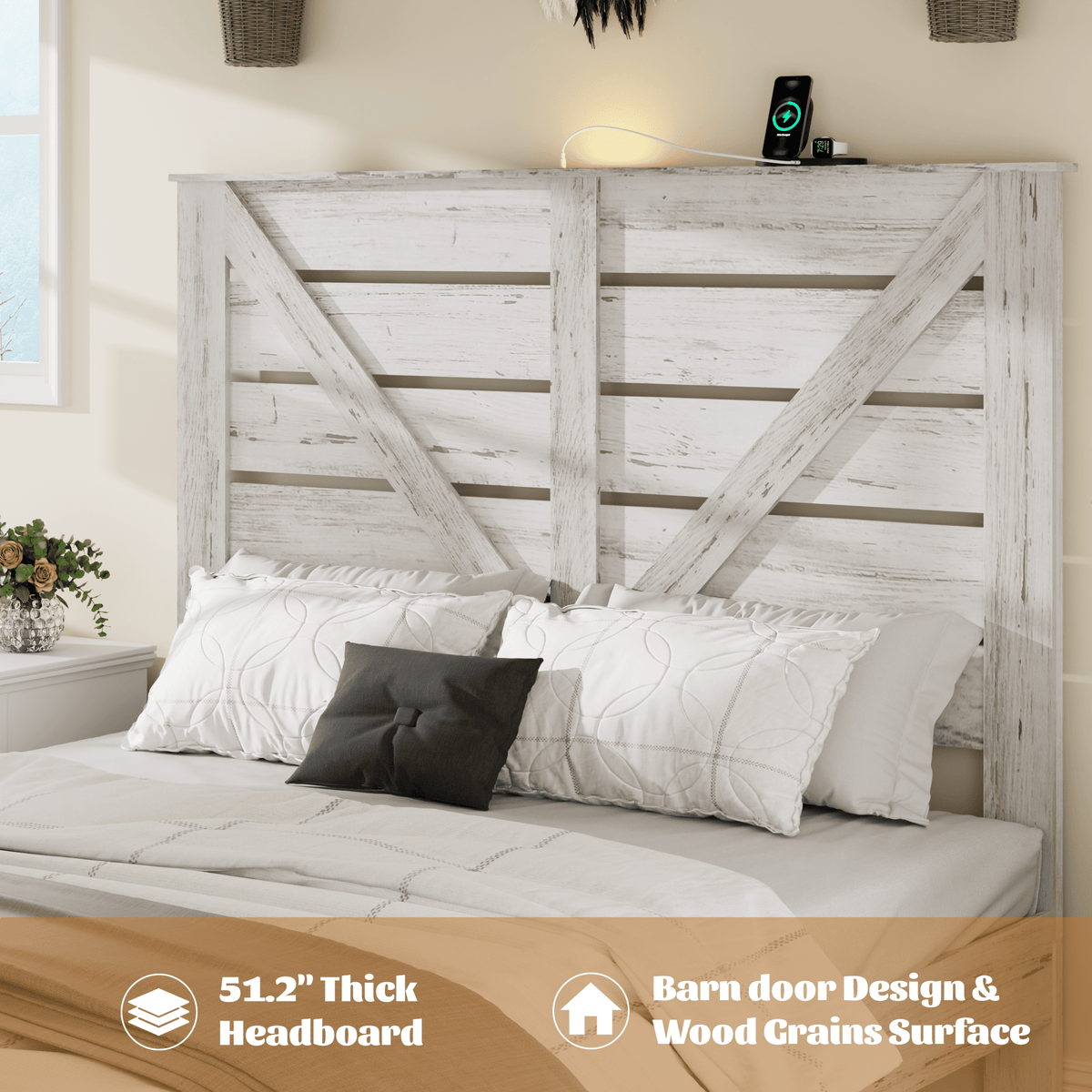 White steel queen platform bed frame with wood accents, noise-free design, no box spring, from Anthony & Home Atelier Edition.