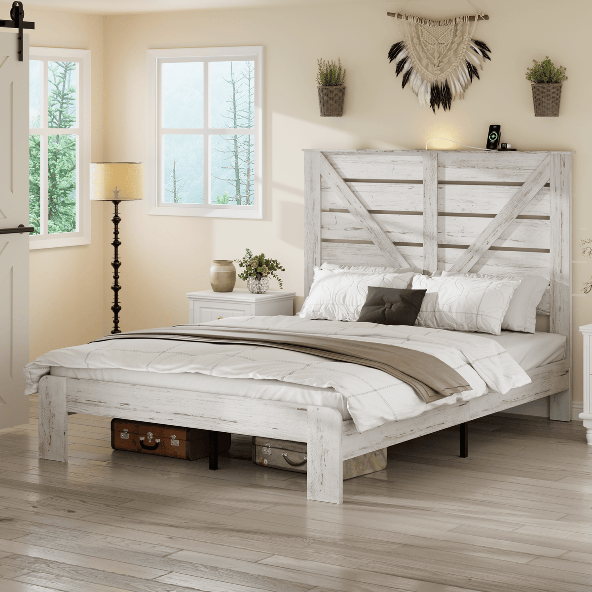 White steel Queen platform bed frame with wood accents, noise-free design, no box spring, Atelier Edition by Anthony & Home