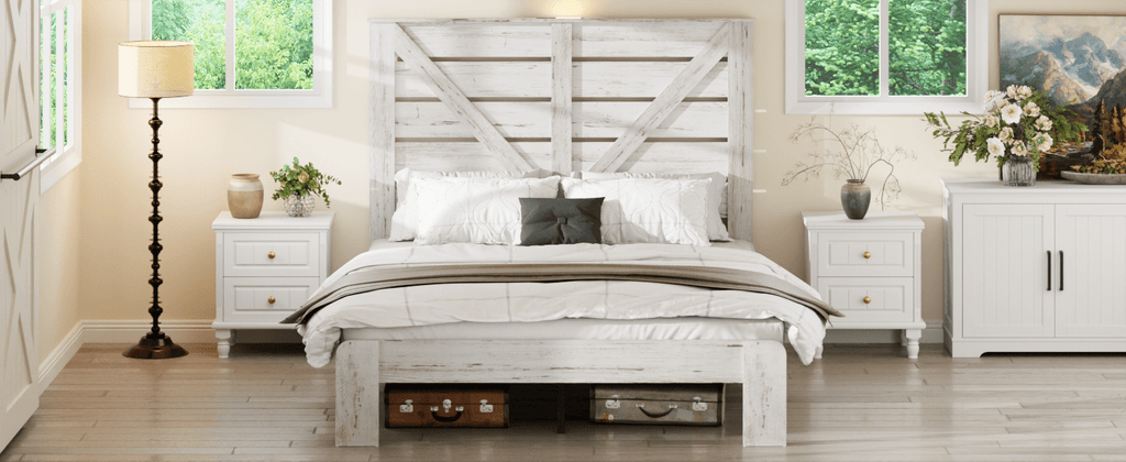 White steel Queen platform bed frame with wood accents, noise-free design, no box spring, Atelier Edition by Anthony & Home