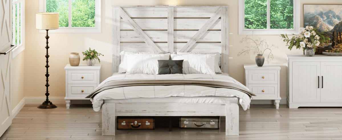 White steel Queen platform bed frame with wood accents, noise-free design, no box spring, Atelier Edition by Anthony & Home