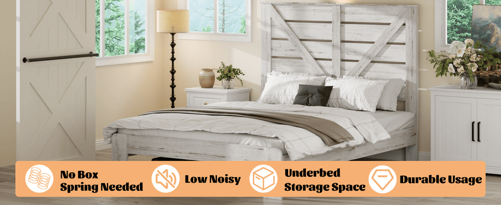 White steel Queen platform bed frame with wood accents, noise-free design, no box spring, from Anthony & Home Atelier Edition.