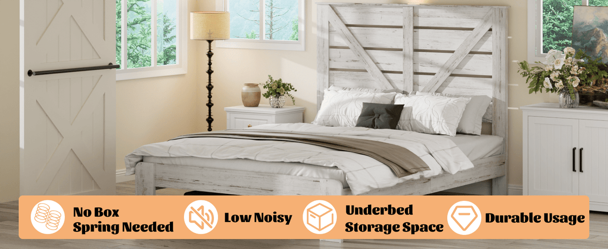 White steel Queen platform bed frame with wood accents, noise-free design, no box spring, from Anthony & Home Atelier Edition.
