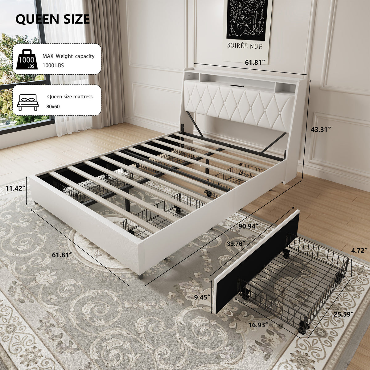 Queen platform bed frame by Anthony & Home with signature white faux leather upholstery and sleek modern design.